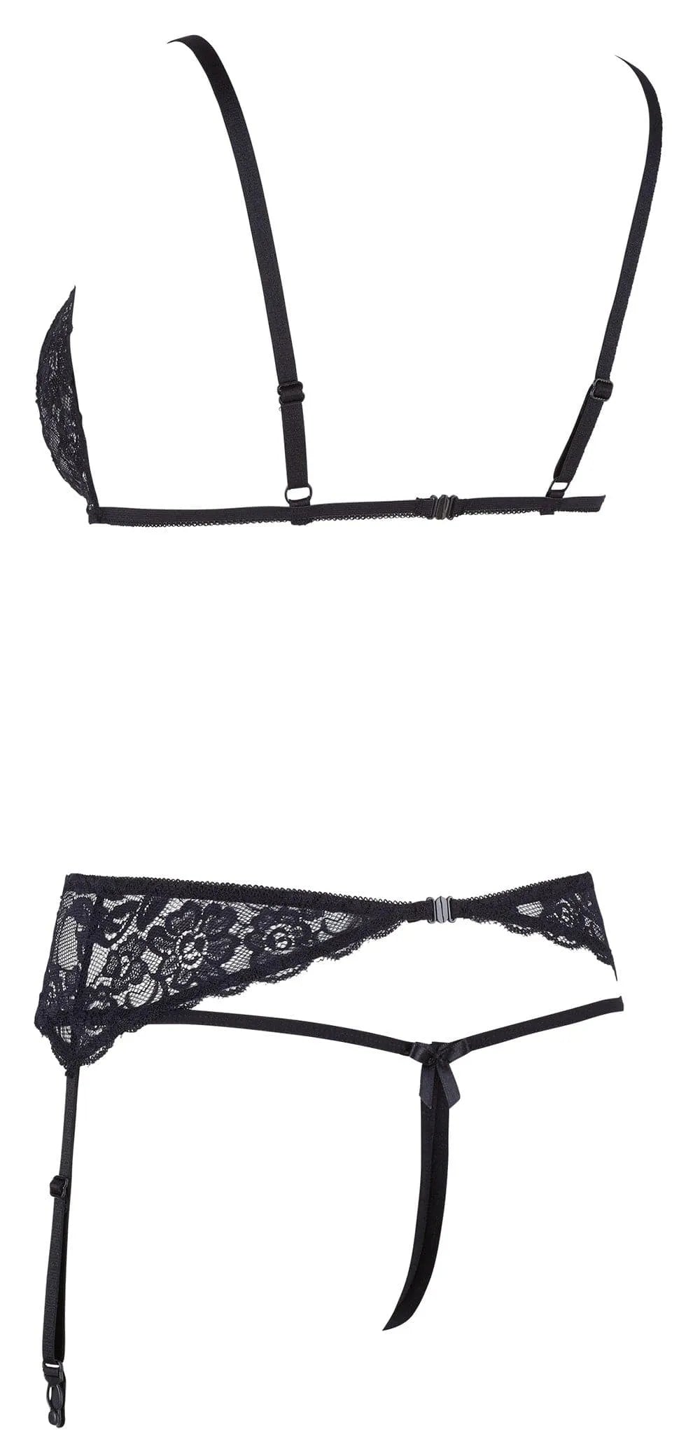 Ensemble lingerie dentelle noire Cottelli, soutien-gorge bonnets fendus, porte-jarretelles, string ouvert, élégance sensue...