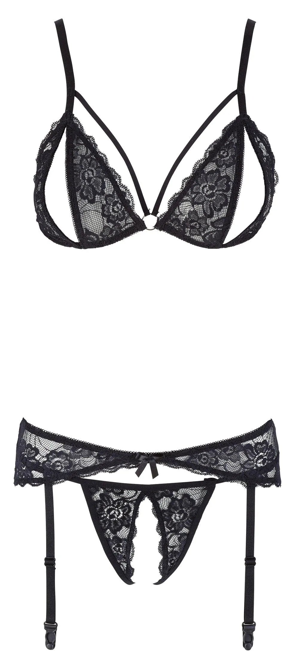 Ensemble lingerie dentelle noire Cottelli, soutien-gorge bonnets fendus, porte-jarretelles, string ouvert, séduction.