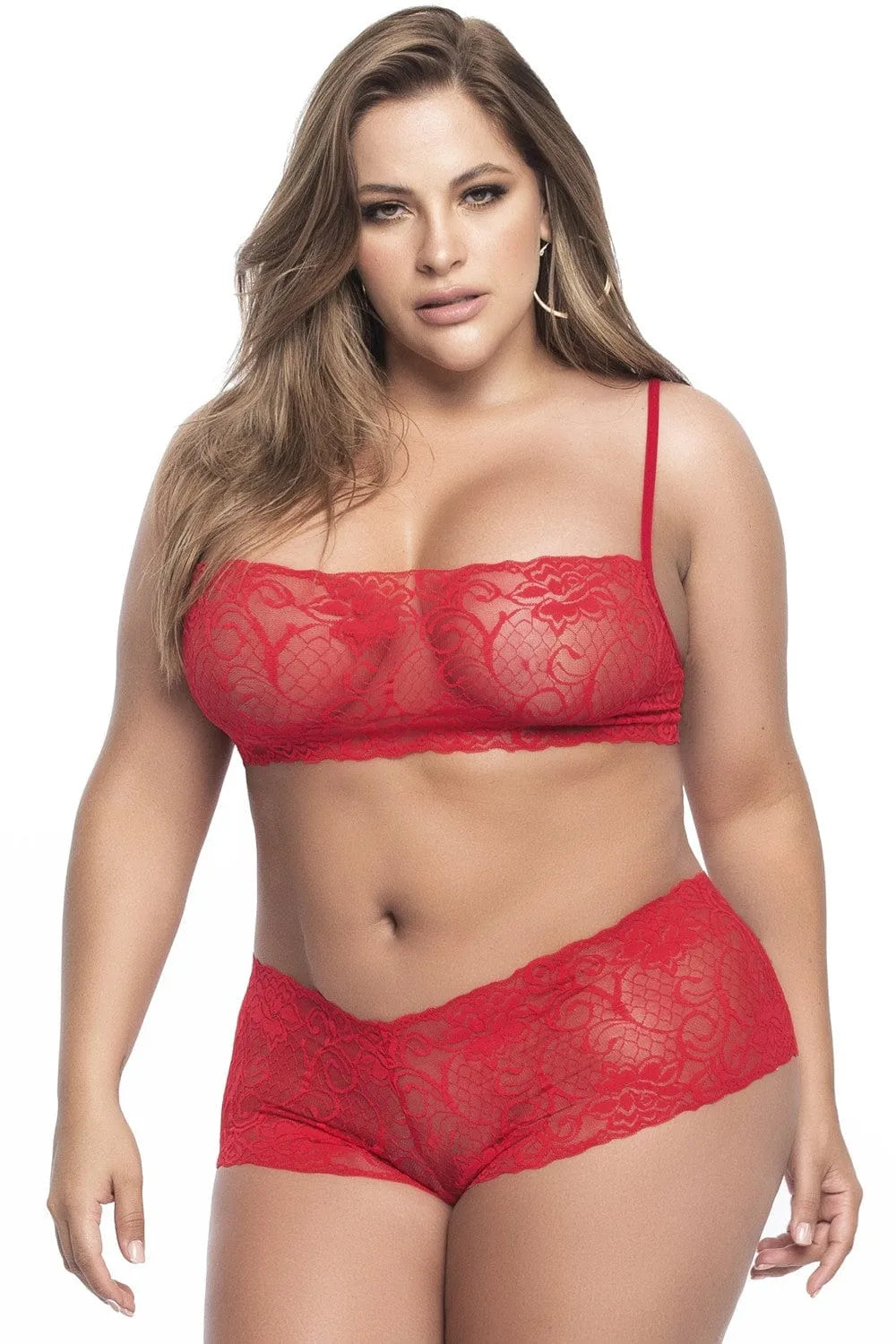 Ensemble lingerie rouge grande taille en dentelle, mini bustier à bretelles réglables et shorty galbant, Mapalé.