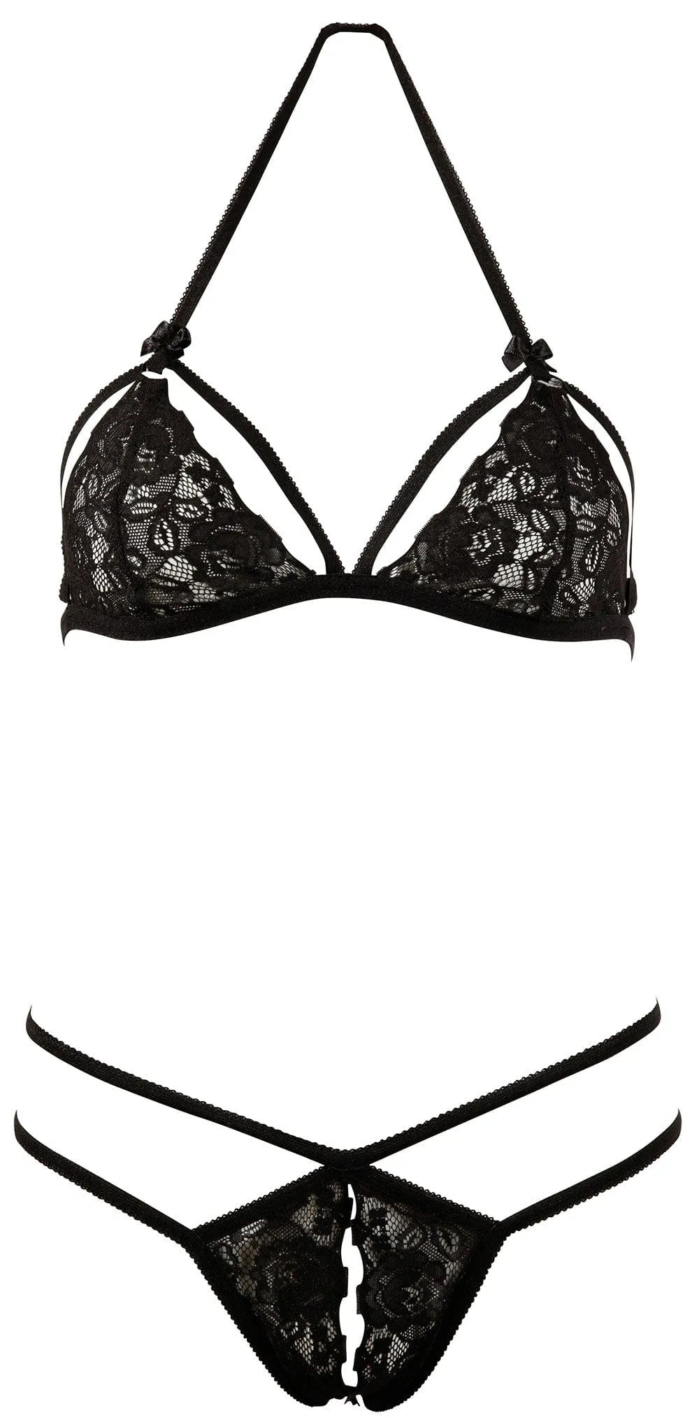 Ensemble lingerie noir dentelle florale, soutien-gorge souple, bonnets ouvrables, string ouvert, rubans satinés.