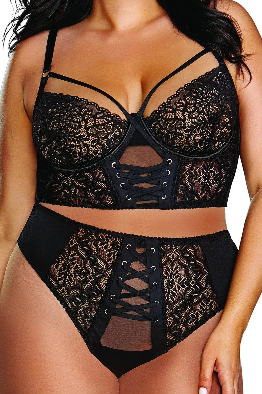 Ensemble lingerie grande taille dentelle noire, bustier à armature et shorty, bretelles réglables, laçage avant.