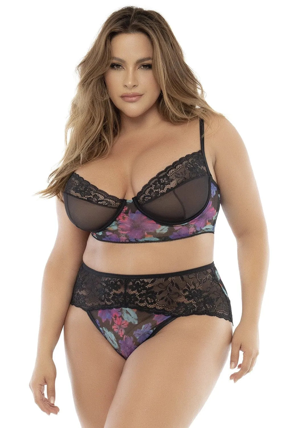Ensemble lingerie grande taille dentelle résille florale soutien gorge armatures bordures culotte haute maintien confort douceur peau durable