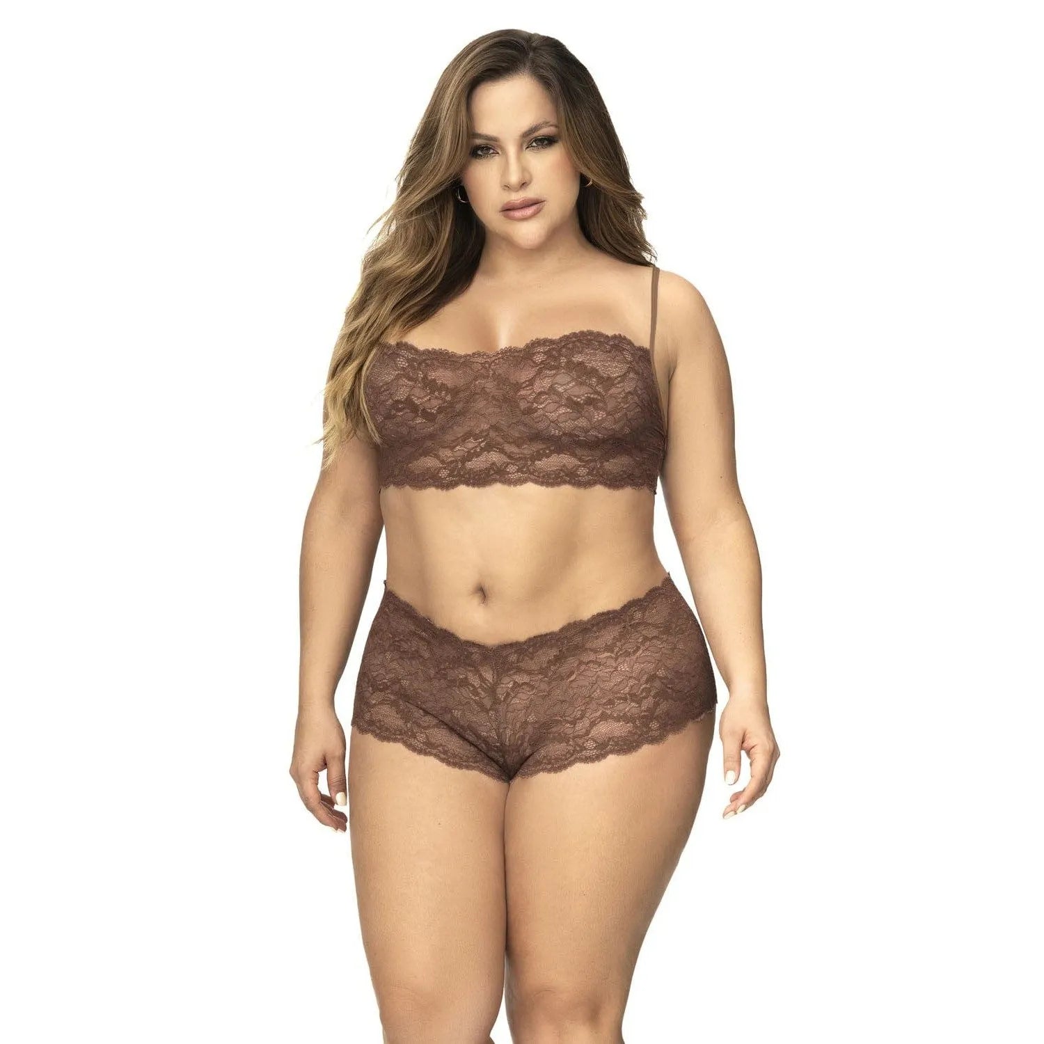 ensemble lingerie grande taille dentelle taupe mapalé mini bustier bretelles réglables shorty galbe sensuel élégant nylon élasthanne extensible confort douceur
