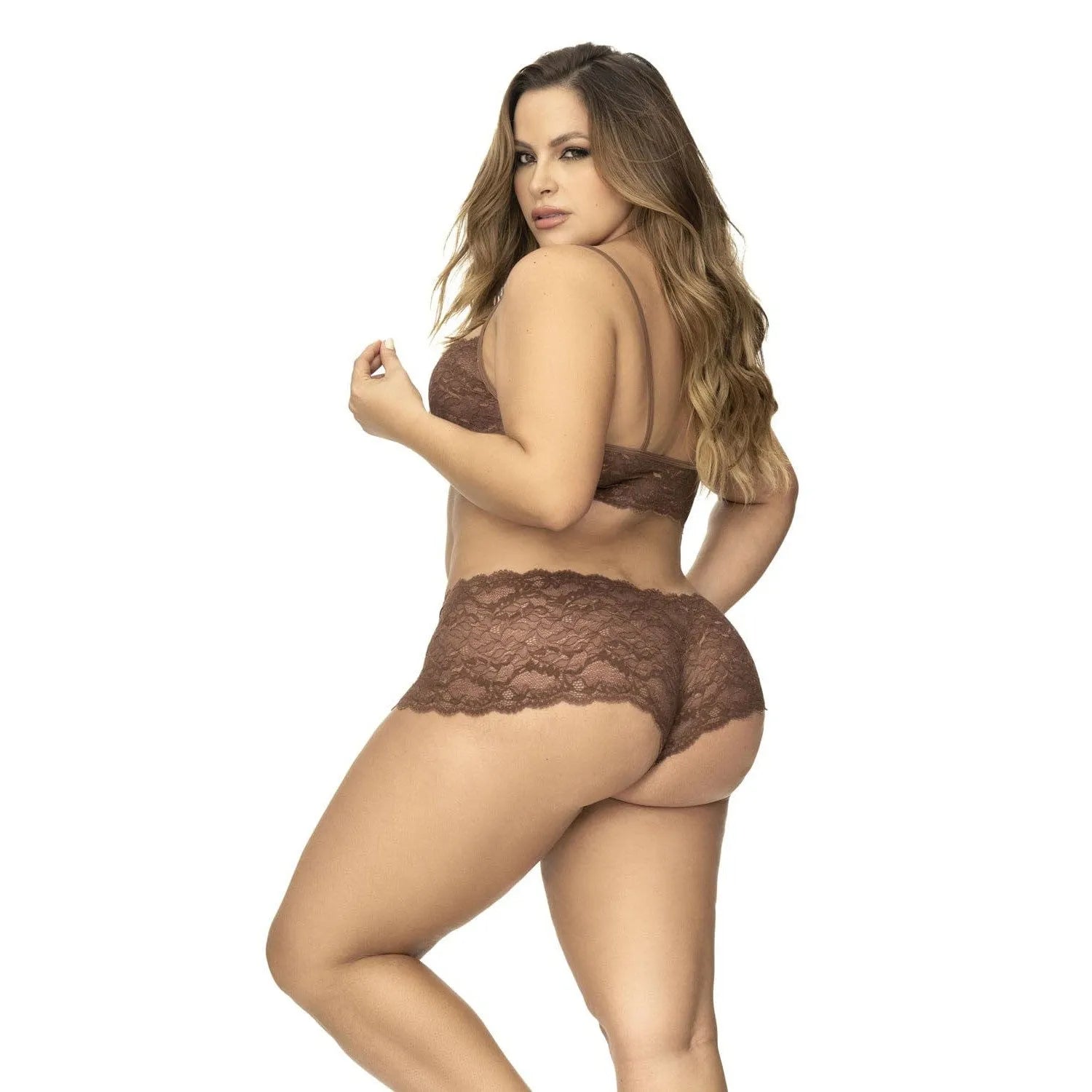 Ensemble lingerie grande taille taupe en dentelle, mini bustier à bretelles réglables et shorty galbant, élégant et sensuel.