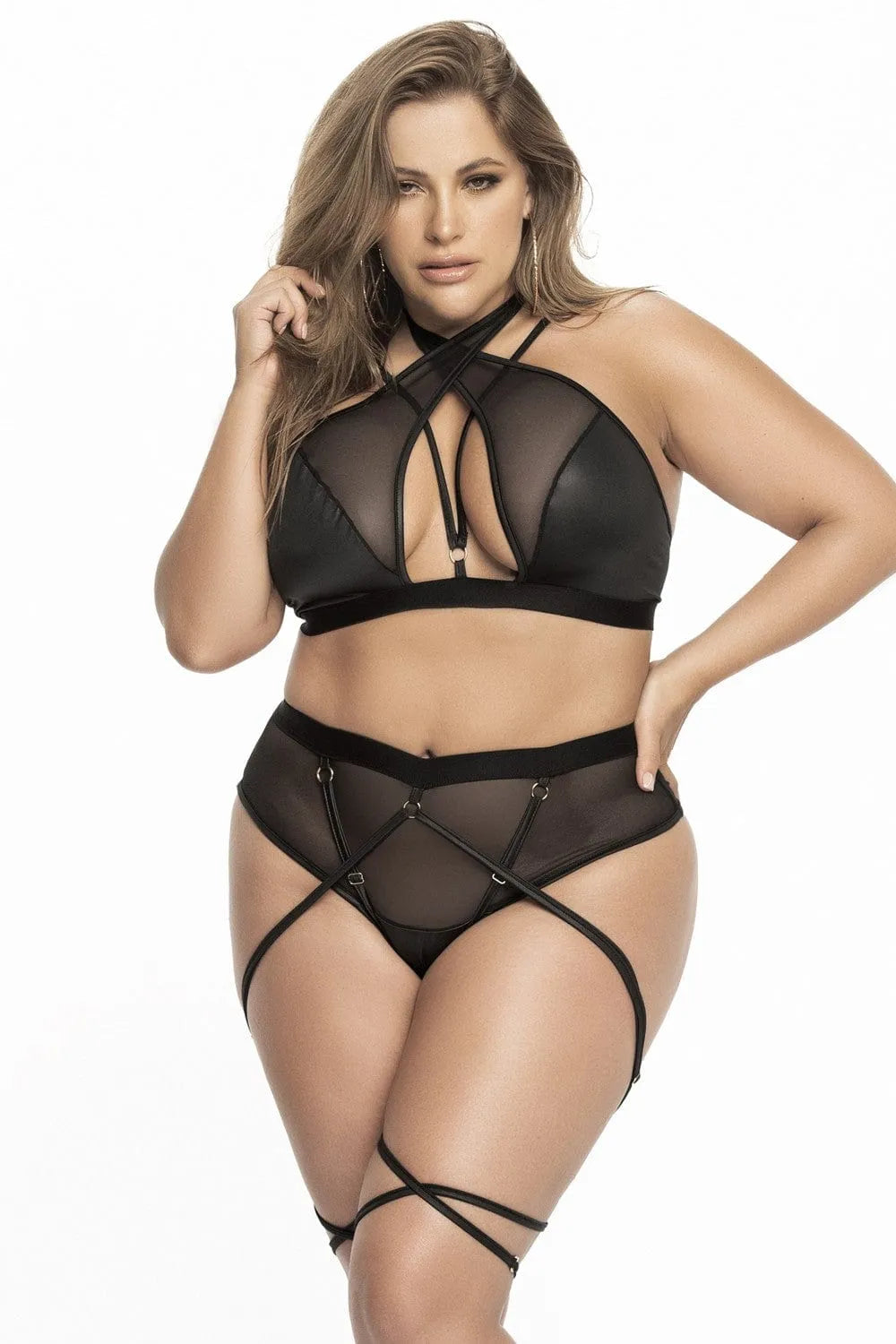 Ensemble Lingerie Grande Taille Résille Noire Transparente Soutien Gorge Lanières Avant Bretelles Réglables Culotte Haute Sangles Entrecroisées Mapalé