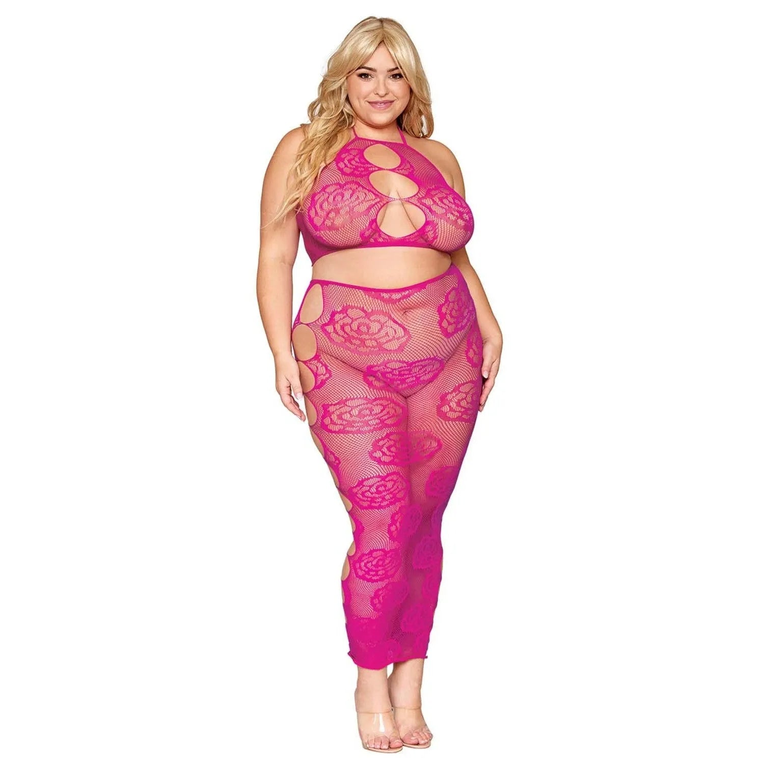 Ensemble lingerie grande taille résille rose dos nu bandeau soutiengorge jupe longue sans couture motif floral audacieux élégant séduisant confortable
