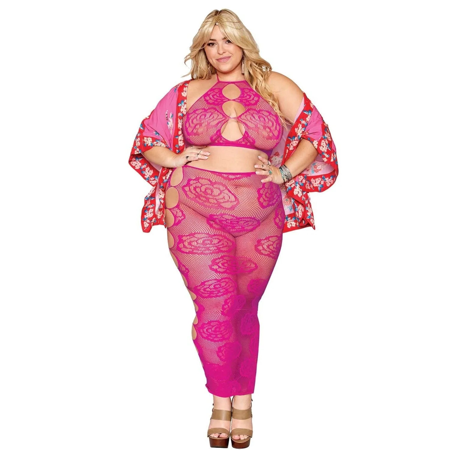 Ensemble lingerie grande taille rose résille dos nu, soutien-gorge bandeau, jupe longue motif floral, élégant et séduisant.