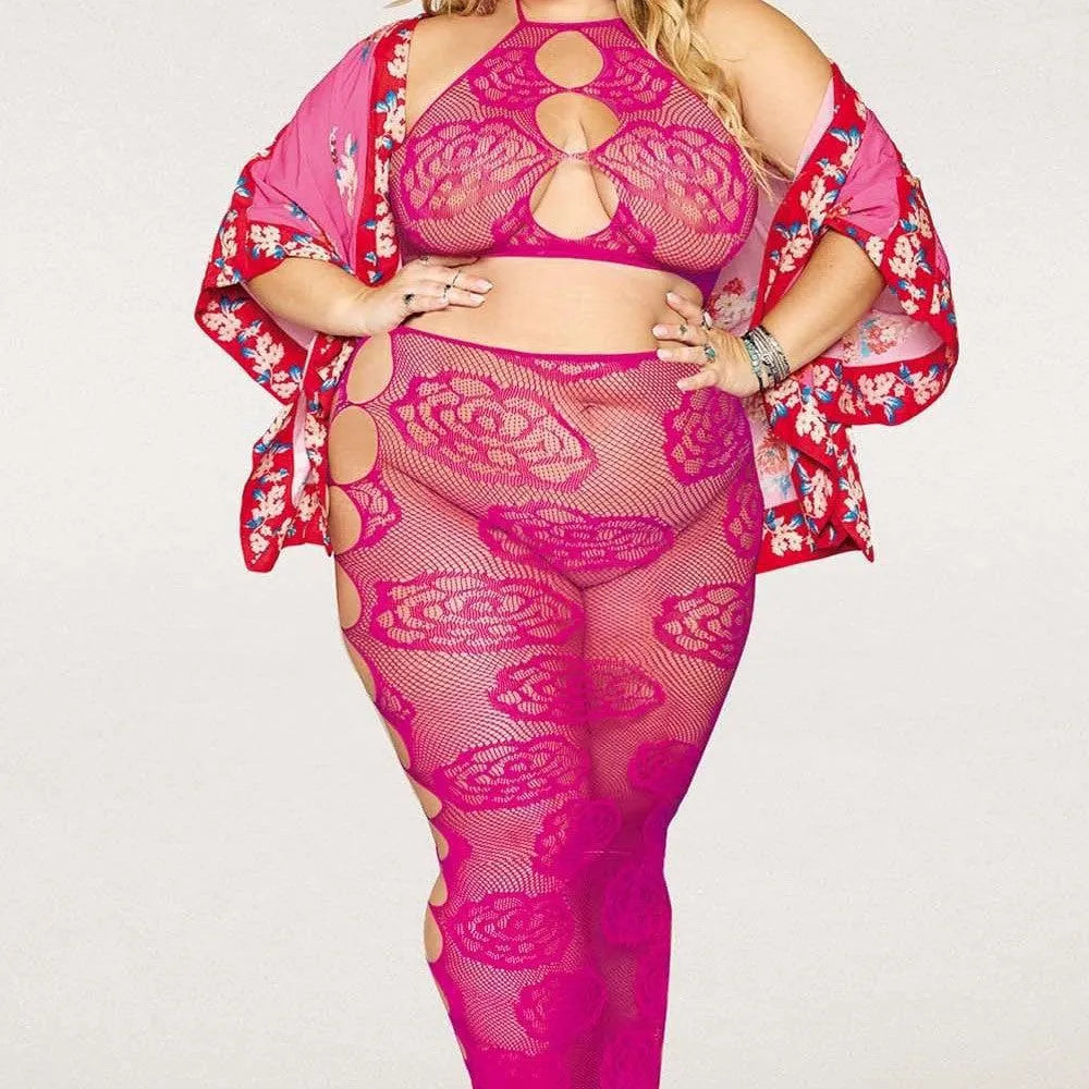 Ensemble lingerie grande taille résille rose, soutien-gorge bandeau dos nu, jupe longue sans couture motif floral.