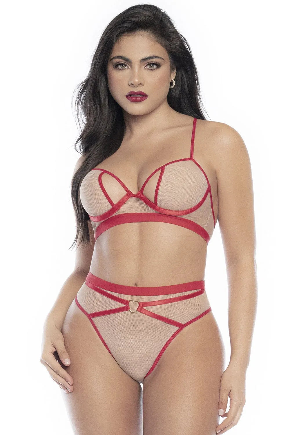 Ensemble Lingerie Résille Chair Coutures Rouges Soutien Gorge Armatures Bretelles Réglables Culotte Taille Haute Cœurs Détails