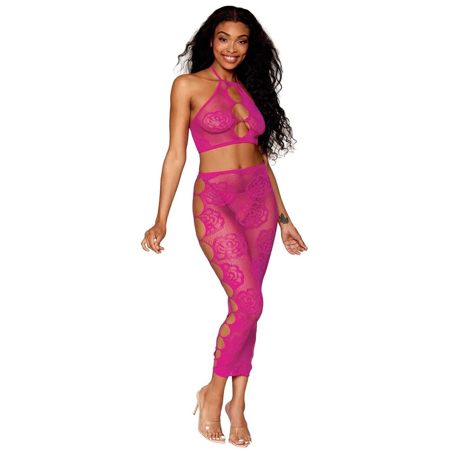 Ensemble lingerie résille rose dos nu, soutien-gorge bandeau, jupe longue sans couture, motifs séduisants, nylon élasthanne.