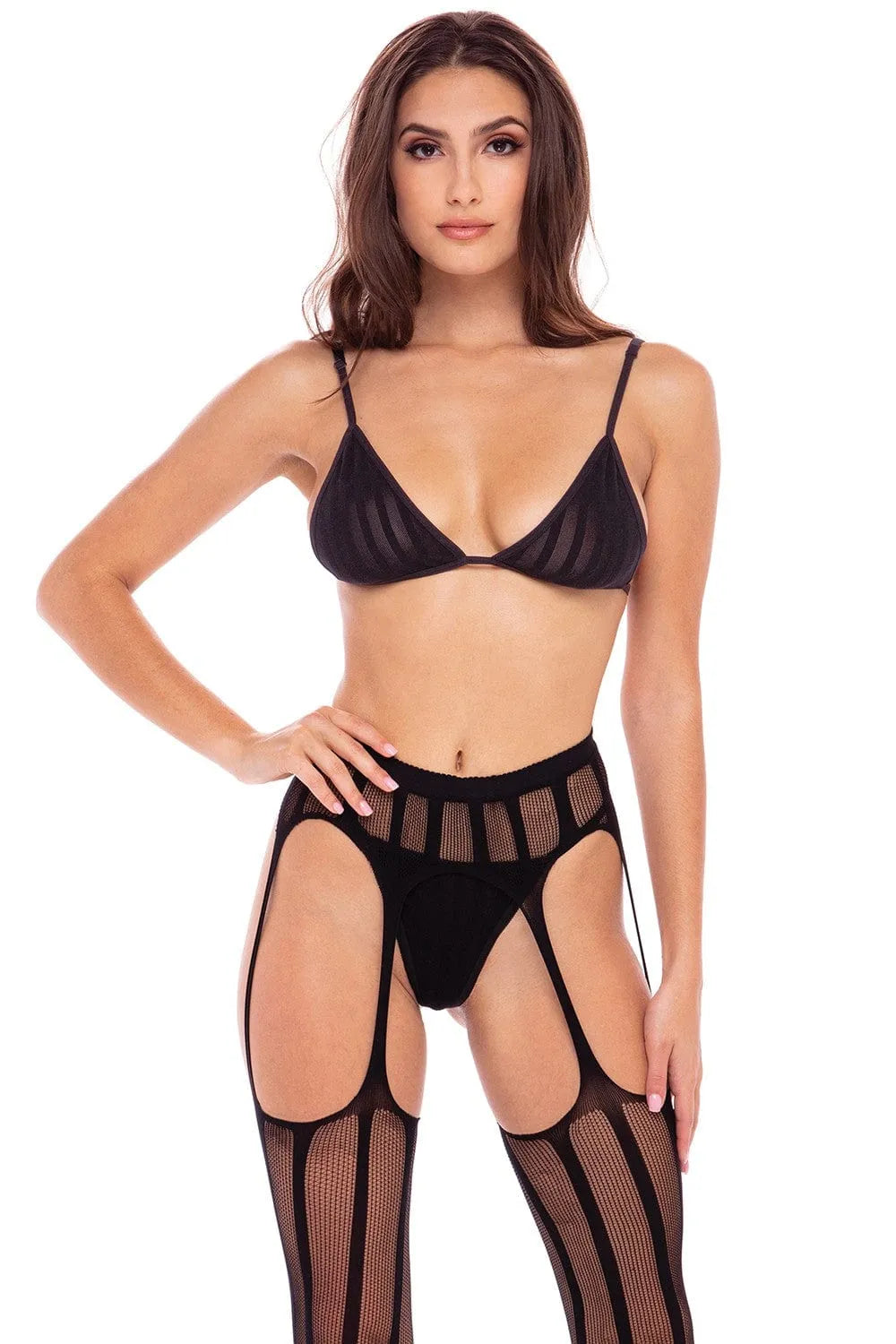 Ensemble lingerie résille noire trois piÚces, soutien-gorge bretelles ajustables, porte-jarretelles et string René Rofé.