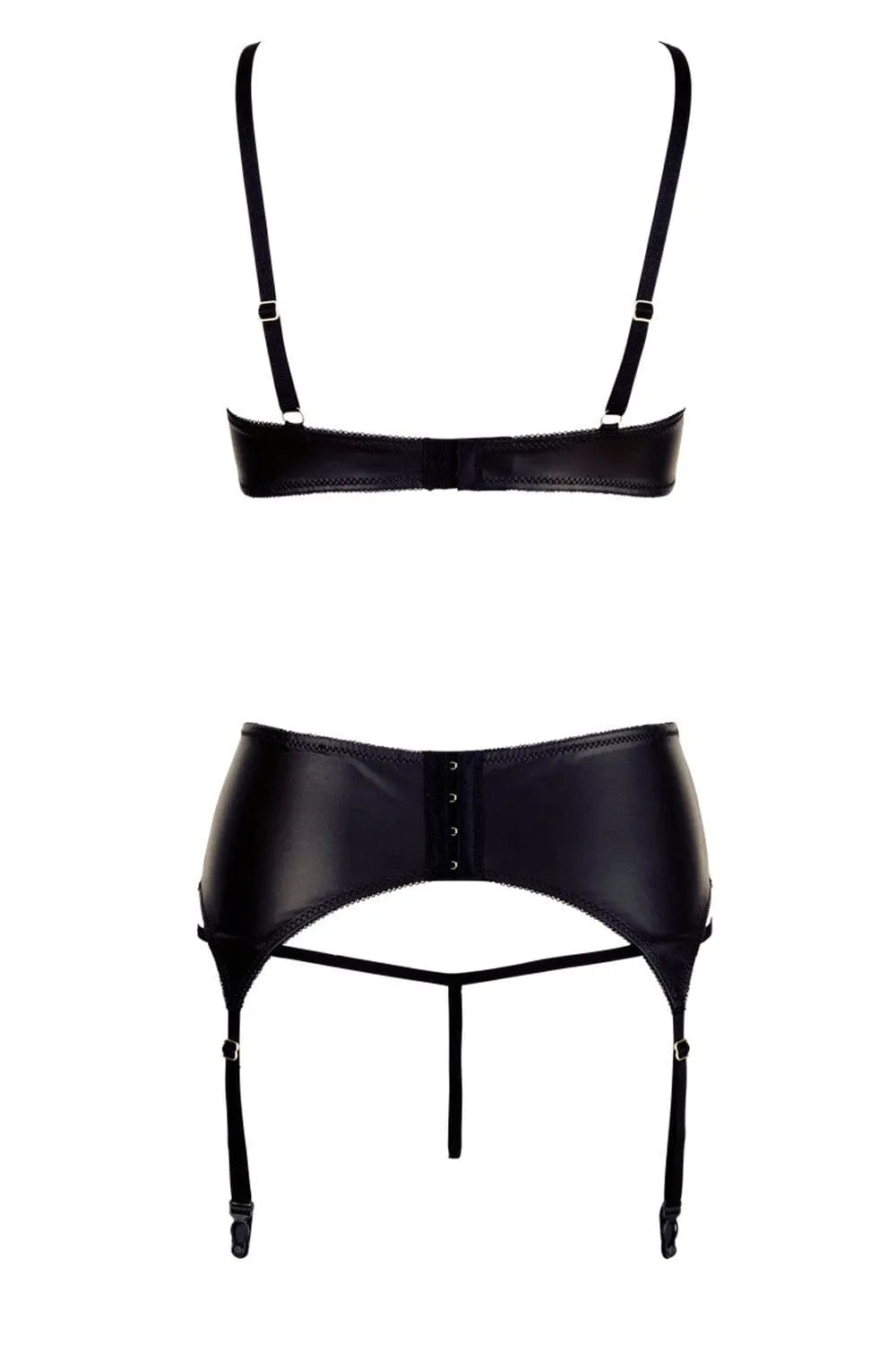 Ensemble lingerie noir trois pièces avec soutien-gorge demi-seins, porte-jarretelles laçage avant, string ouvert.