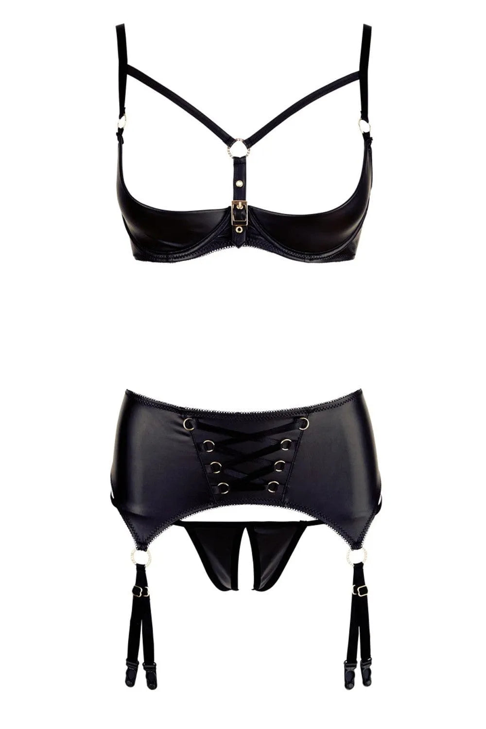 Ensemble lingerie noir trois pièces, soutien-gorge demi-seins, porte-jarretelles laçage, string ouvert, sexy et élégant.