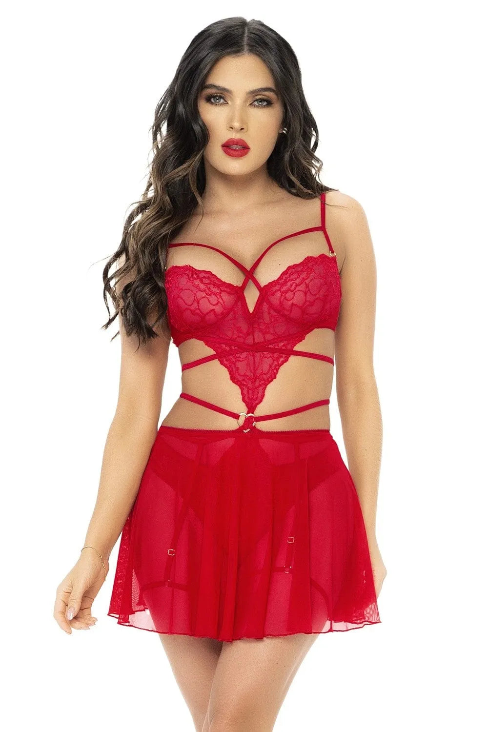 ensemble lingerie rouge body porte jarretelles intégré jupette amovible bretelles réglables confortable polyamide élasthanne doux durable sexy sophistiqué