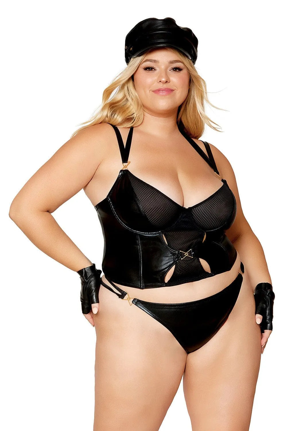Ensemble lingerie sexy grande taille simili cuir stretch bustier découpes avant maille bonnets armatures bretelles réglables crochets string taille haute
