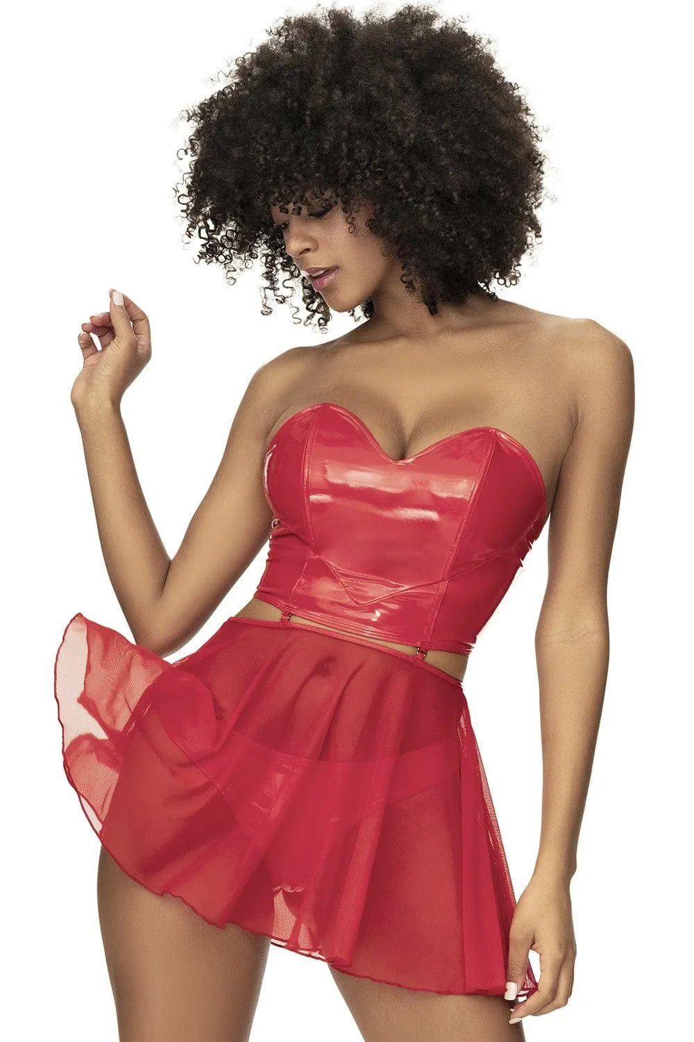 Ensemble lingerie vinyle transformable nuisette bustier décolleté coeur dos lacé ajustable string assorti jupe transparente amovible polyester polyuréthane sensuel sophistiqué