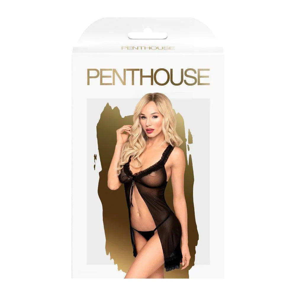Ensemble nuisette string noir résille soyeuse, col froufrou, bretelles réglables, ouverture avant sensuelle.