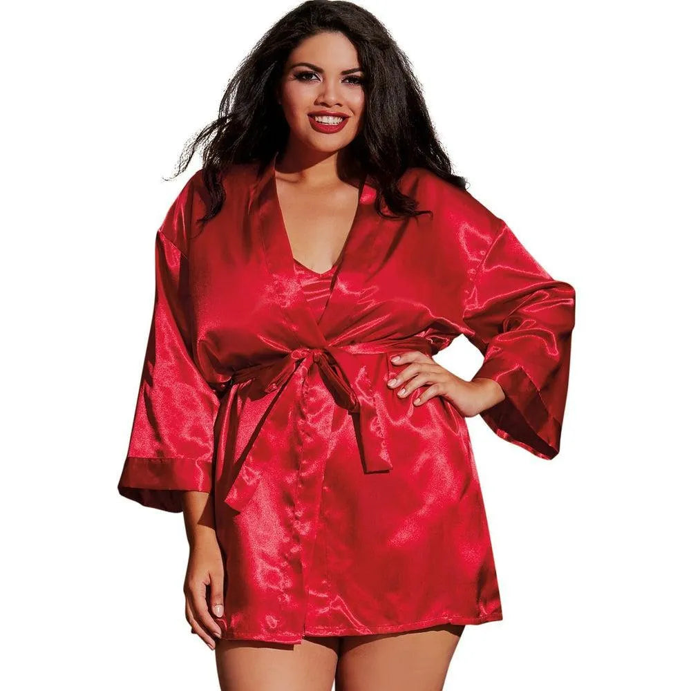 ensemble nuit satin rouge grande taille femme nuisette courte douce confortable déshabillé peignoir ceinture assortie brillance glamour sophistiqué séduisant