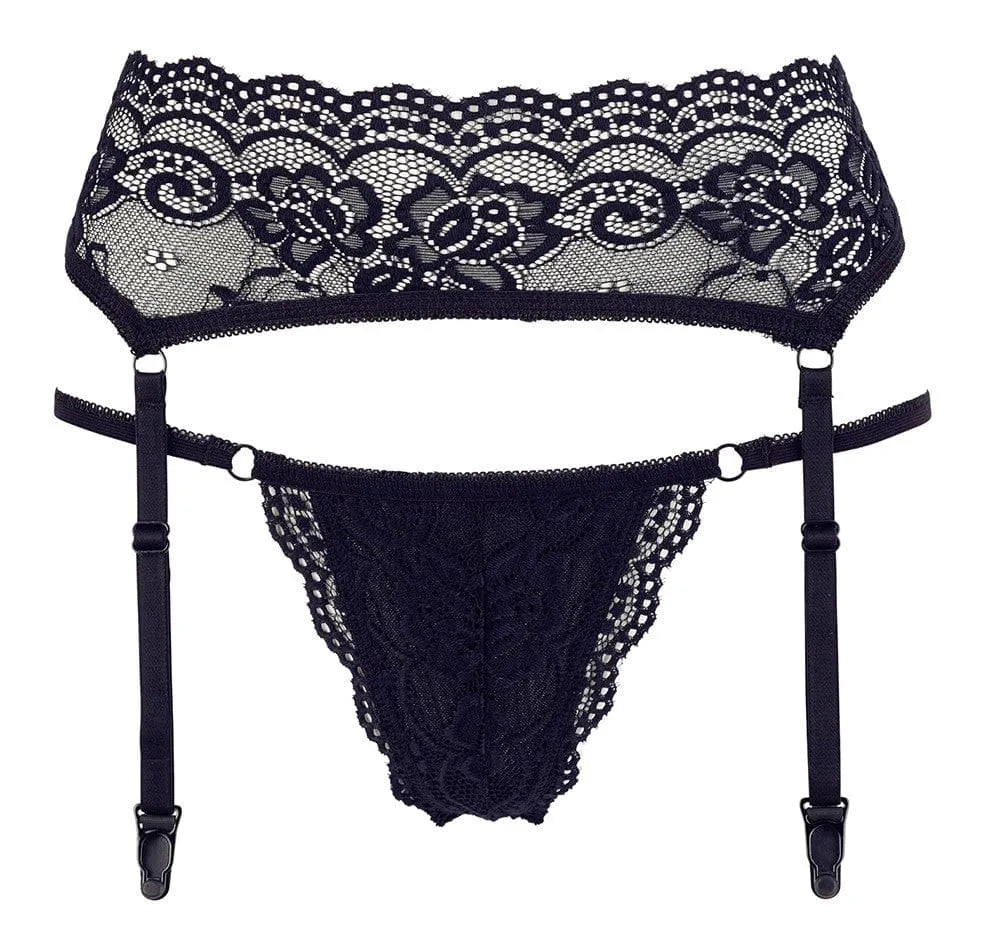 Ensemble porte-jarretelles dentelle noire ajustable avec string ficelle, élégant et sexy, sublimant la silhouette.