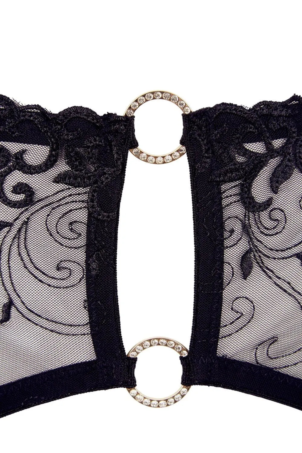 Ensemble sous-vêtement femme noir dentelle transparente avec anneaux brillants, soutien-gorge armatures, porte-jarretelles.