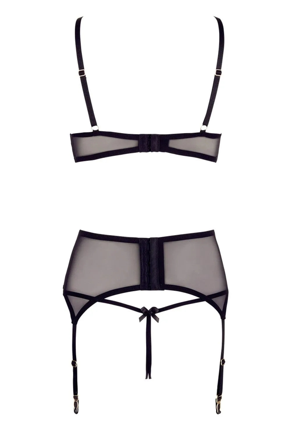 Ensemble lingerie femme noir dentelle transparente, soutien-gorge armatures, porte-jarretelles réglables, string ouvert.