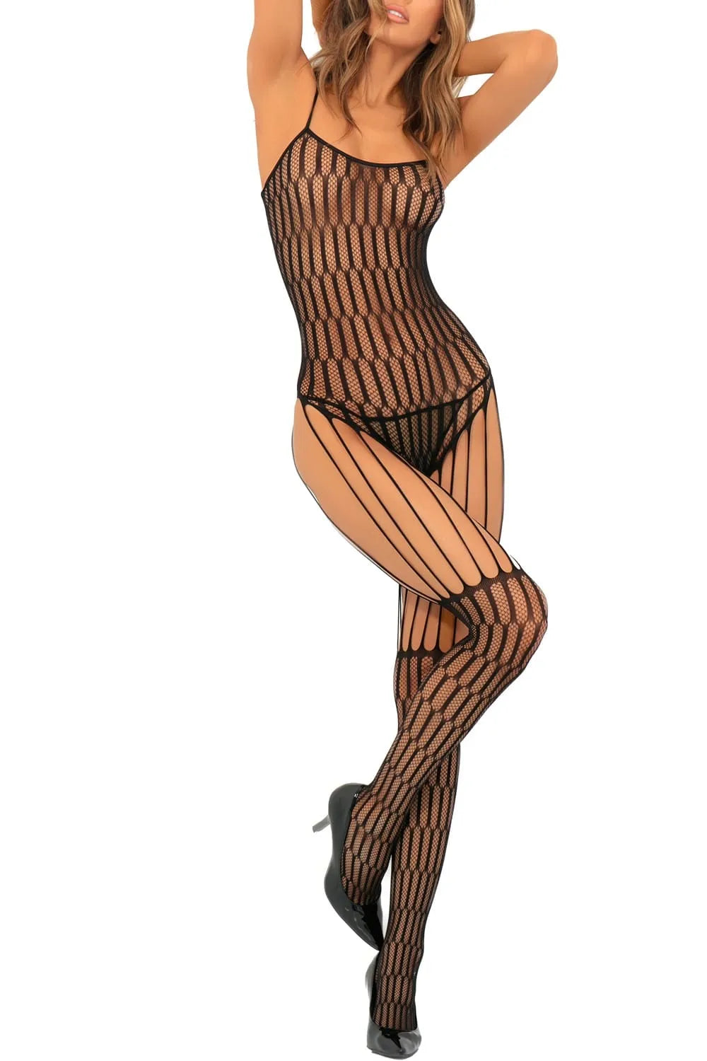 Combinaison résille noire effet damier, longues jarretelles, illusion body-string, nylon élasthanne, tenue érotique.