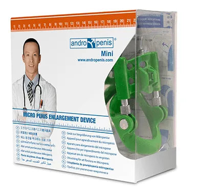 Extenseur pénien Andropenis Mini vert, ergonomique, en acier inoxydable et aluminium chirurgical, boîte transparente.