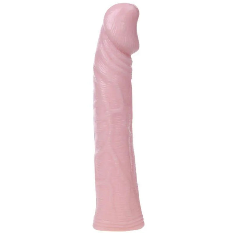 Extension pénis vibrante TPR rose, 18 cm, texture réaliste, augmentation 33%, matériau doux et extensible.