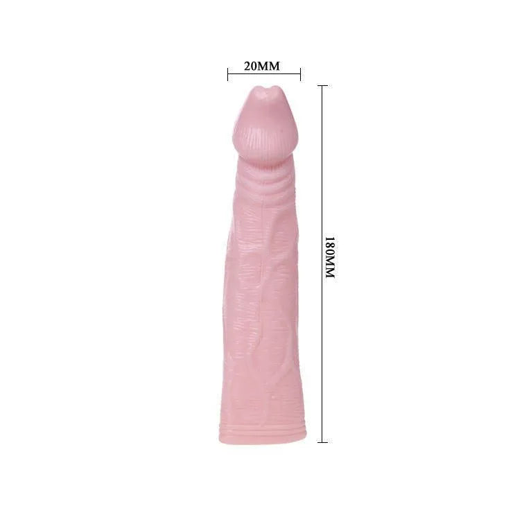 Extension pénis vibrante rose TPR 18 cm, texture réaliste, augmentation 33% longueur, matériau doux haute qualité.