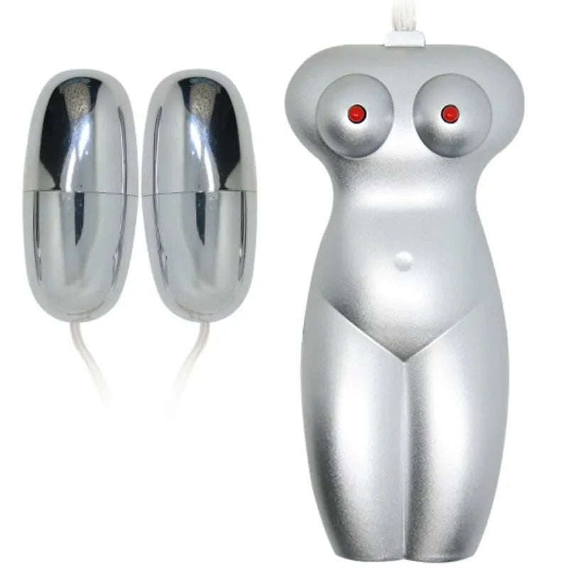Sextoy fessier réaliste en TPR argenté avec deux trous, accompagné de deux balles vibrantes chromées.