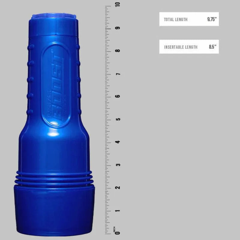 Fleshlight bleu avec anneaux Turbo Tech, texture nervurée, design réaliste pour plaisir anal, longueur totale 9,75 pouces.