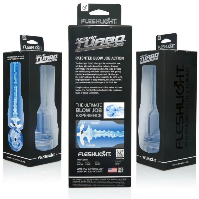 Fleshlight Turbo bleu, design réaliste, trois points d'insertion, emballage noir, expérience sexe oral innovante.