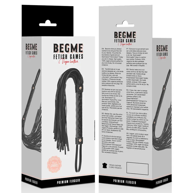 Fouet BDSM cuir végétalien noir, poignée ergonomique, sangles souples, idéal débutants et avancés, BEGME.