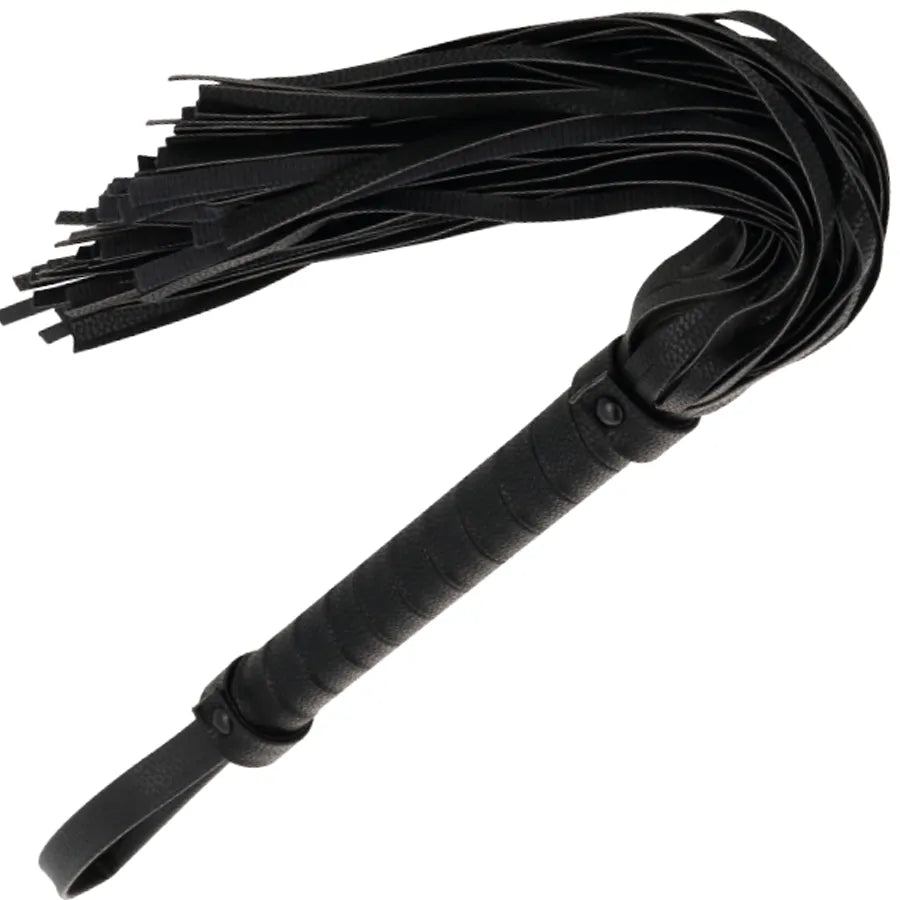 Fouet bondage cuir noir, poignée ergonomique, lanières souples, design luxueux, idéal BDSM débutants et confirmés.