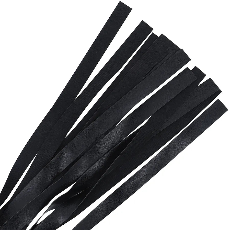 Fouet bondage noir élégant pour débutants, lanières en cuir, poignée ergonomique, idéal initiation BDSM sécurisé.