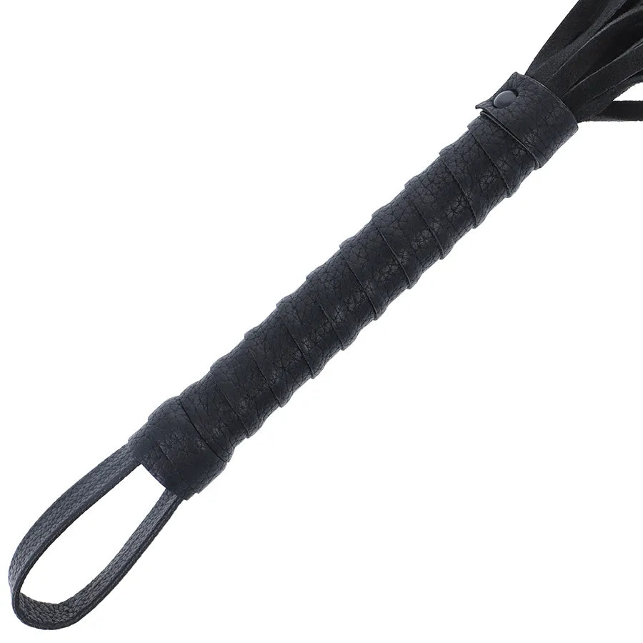 Fouet bondage noir élégant avec poignée ergonomique texturée, lanières souples, design sophistiqué et durable.