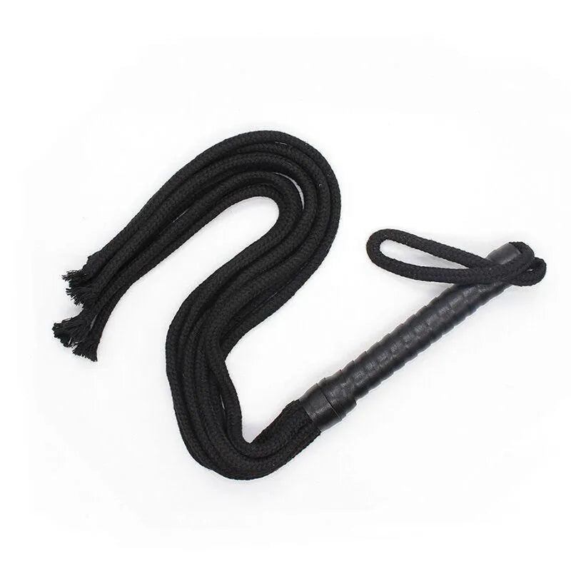 Fouet corde noir 56 cm, poignée PVC, corde polyester, accessoire fétichisme durable, précis, pour novices et experts.