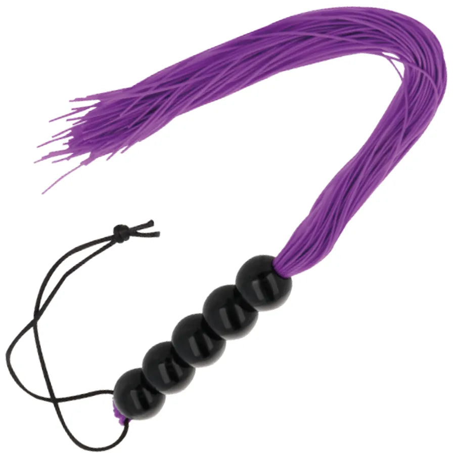 Fouet bondage lilas 45cm, poignée ergonomique noire, lanières lilas, design élégant pour débutants BDSM.