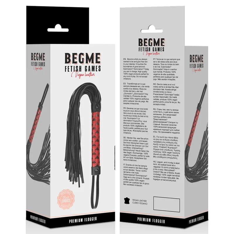 Fouet BDSM en cuir végétalien noir avec poignée rouge ergonomique, détails en métal sans nickel, emballage BEGME.