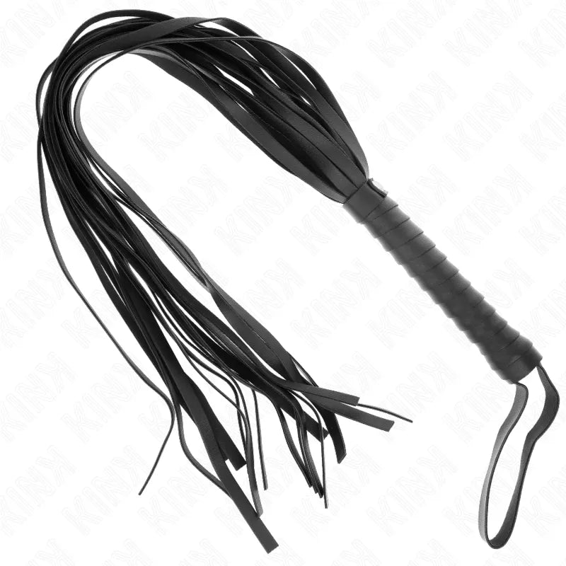 Fouet BDSM en cuir noir, poignées ergonomiques, lanières multiples, design élégant, durable, pour sensations intenses.