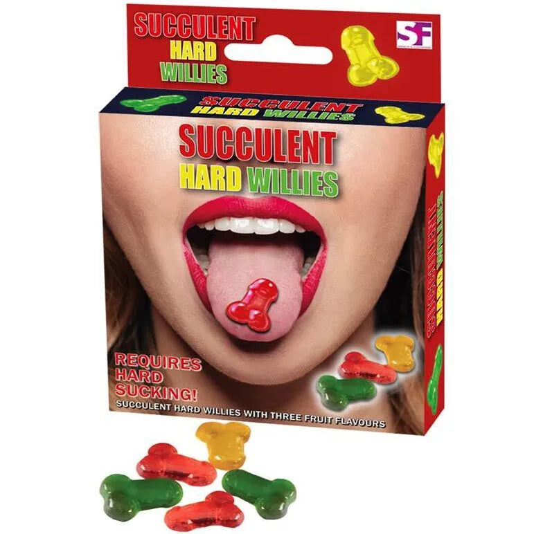 Friandises humoristiques phalliques fruitées naturelles bonbons durs saveurs trio origine PaysBas RoyaumeUni cadeau original festif dessin détaillé paquet douze unités