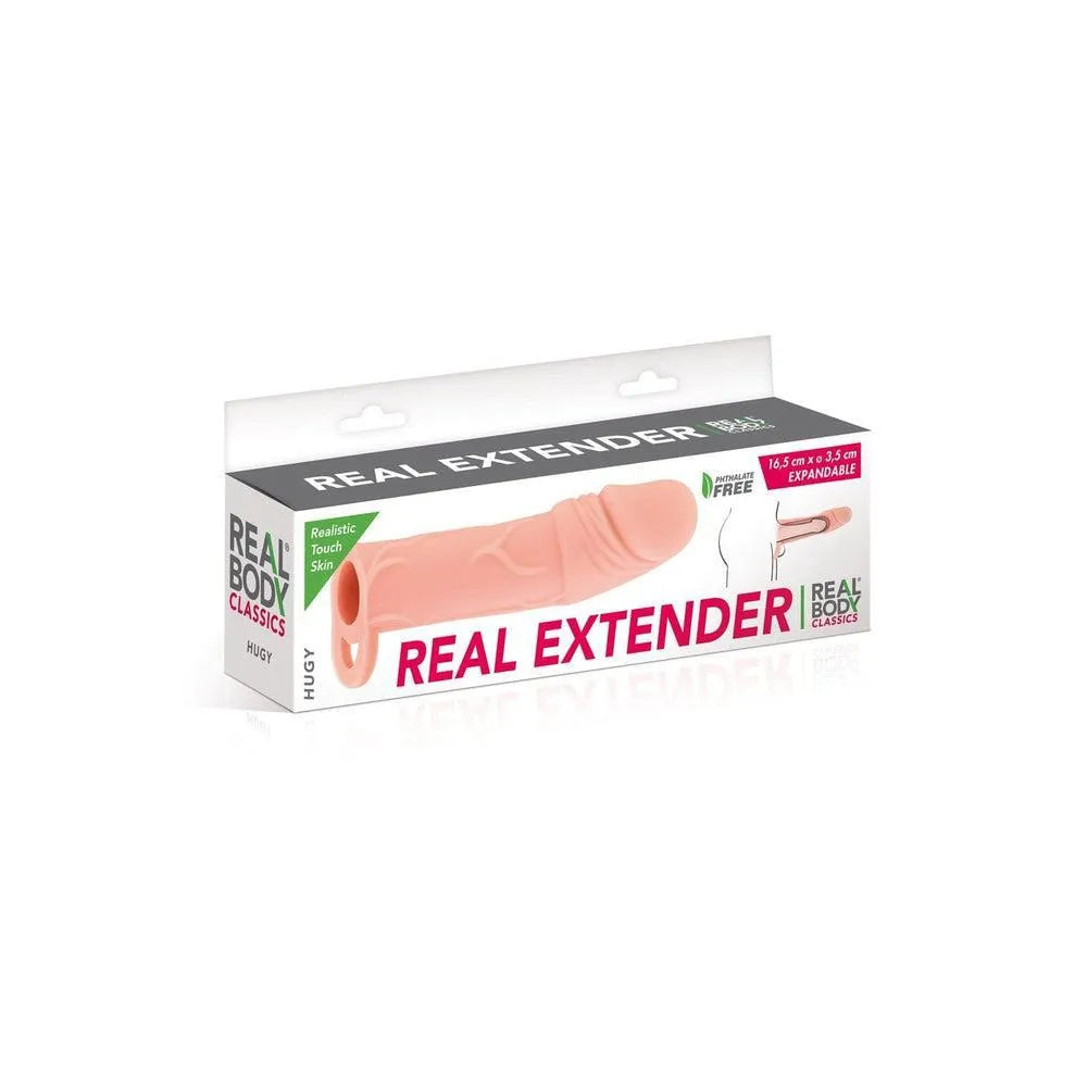 Gaine pénis silicone réaliste beige avec veines et gland, extension longueur et diamètre, emballage blanc et rouge.