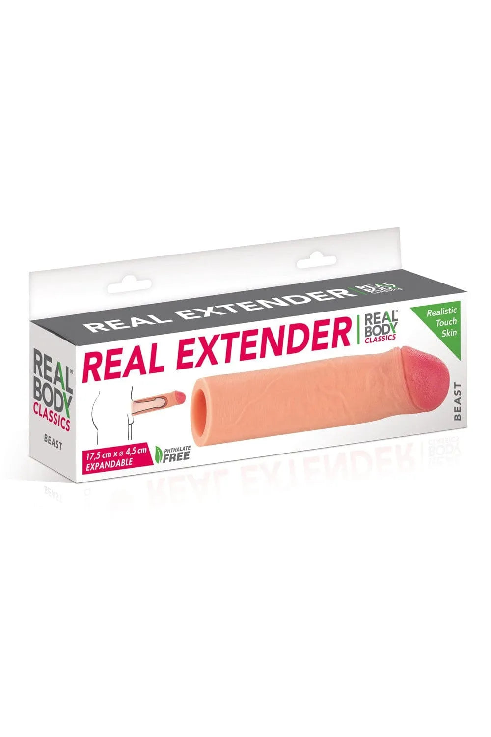 Gaine extension pénis silicone réaliste, couleur chair, 175mm x 45mm, veiné, gland texturé, sans phtalates.