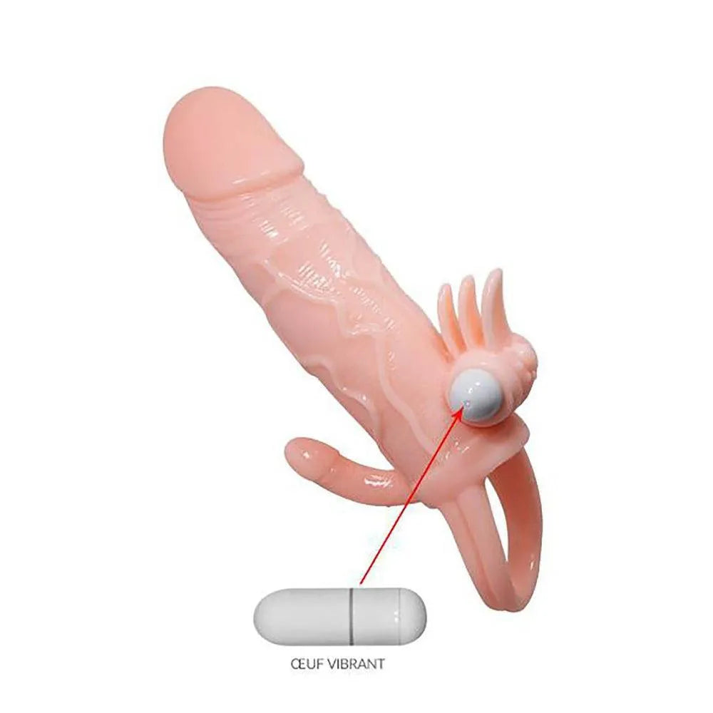 gaine pénis réaliste couleur chair vibrante stimulation gland clitoris anus ergot silicone souple sans phtalates longueur147mm largeur37mm poids112g