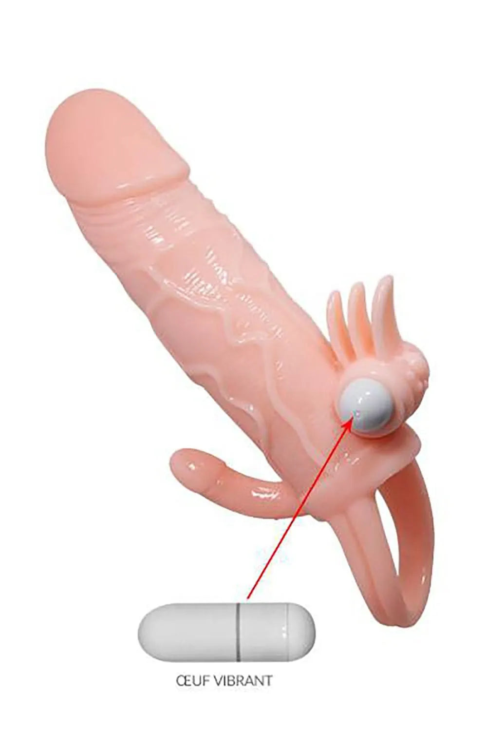 Gaine pénis réaliste couleur chair avec stimulation vibrante gland, clitoris et anus, silicone souple, sans phtalates.
