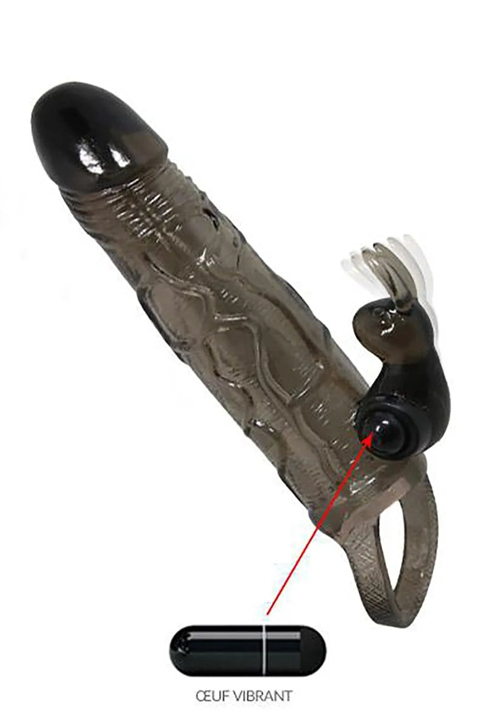 Gaine pénis vibrante noire avec stimulation gland, clitoris et ergot anal, taille réglable, vibrations sans phtalates.