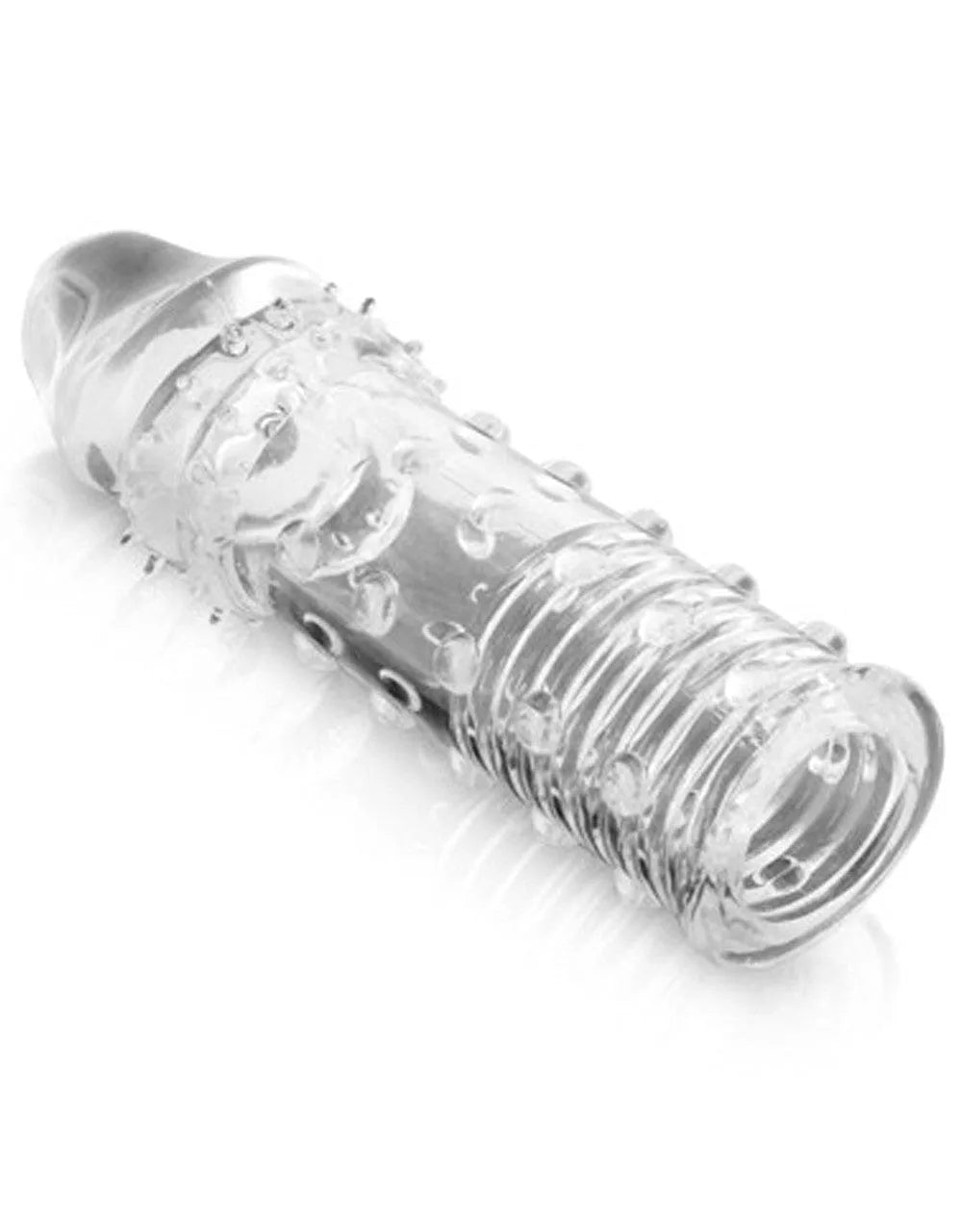 Gaine pénis silicone transparente avec picots stimulants, 155mm long, 42mm diamètre, pour plaisir prolongé.