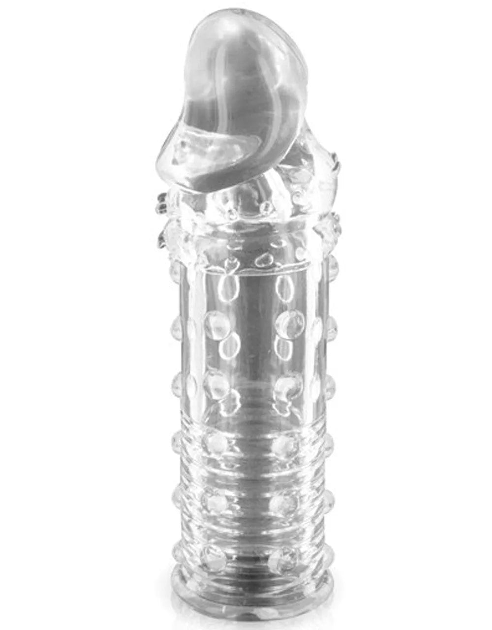 Gaine pénis silicone transparente avec picots, élargissante et retardante, 155mm x 42mm, sans phtalates.