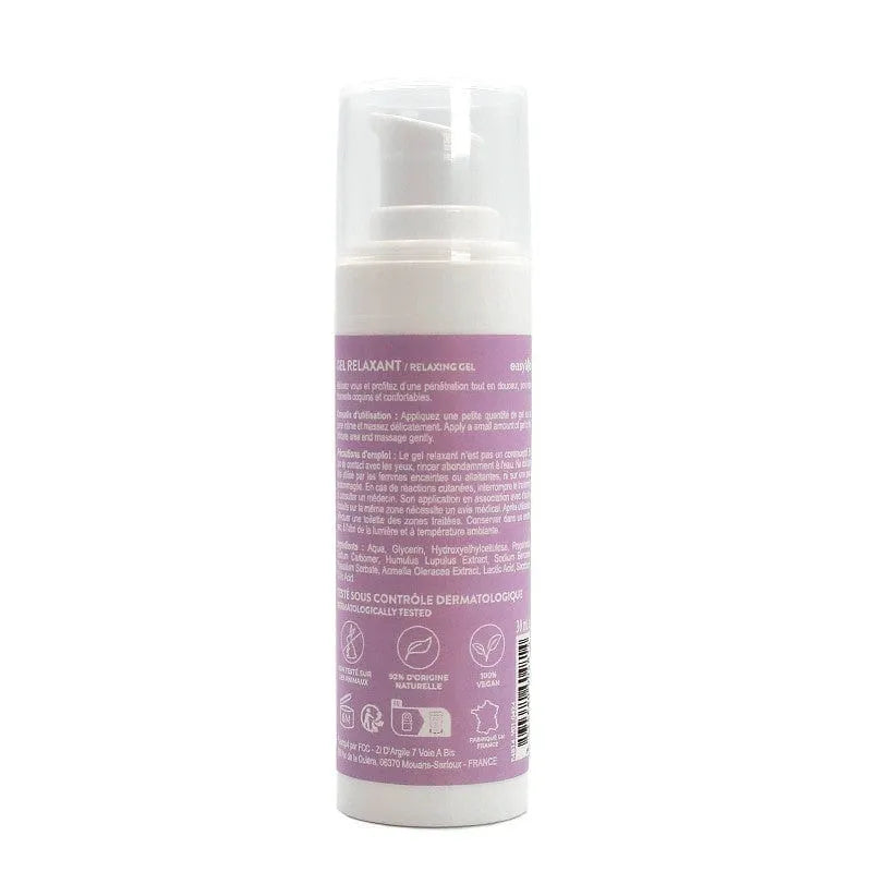 Flacon de gel anal relaxant, étiquette violette, pompe blanche, 92% naturel, massage intime, fabrication française.