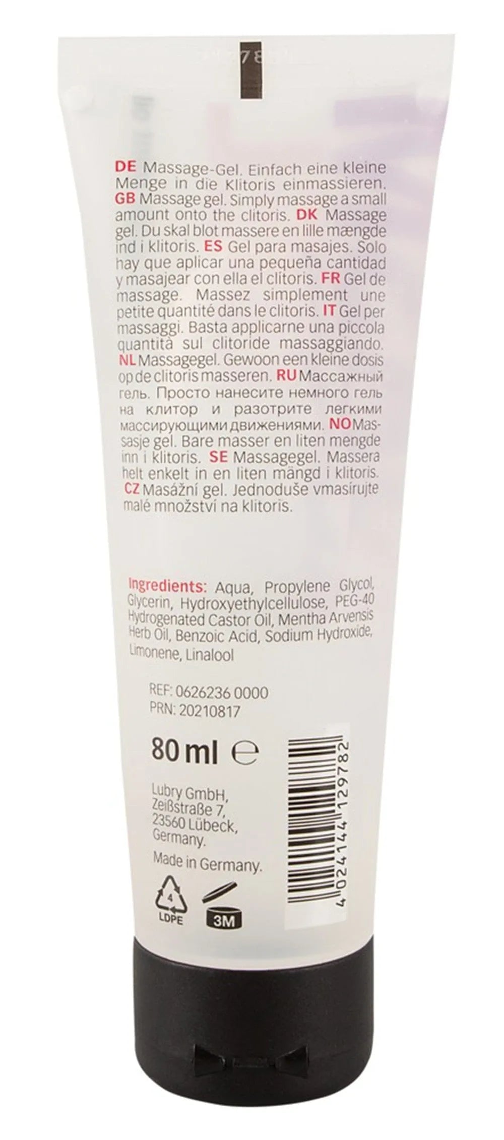 Gel clitoridien intensifiant mentholé, tube 80ml, blanc avec texte multilingue, pour sensations intimes ciblées.